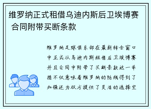 维罗纳正式租借乌迪内斯后卫埃博赛 合同附带买断条款