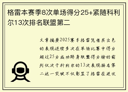格雷本赛季8次单场得分25+紧随科利尔13次排名联盟第二