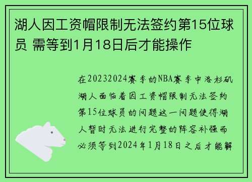 湖人因工资帽限制无法签约第15位球员 需等到1月18日后才能操作